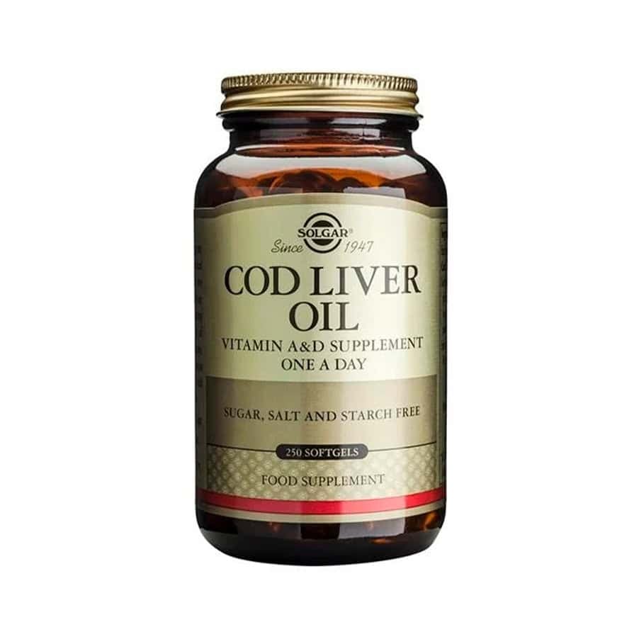 Aceite de hígado de bacalao Solgar, frasco con 250 cápsulas, fuente natural de vitaminas A y D y ácidos grasos esenciales.