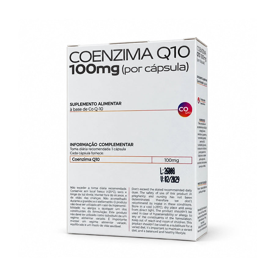 Coenzima Q10 100 mg Sovex, suplemento alimentar em embalagem de 30 cápsulas.