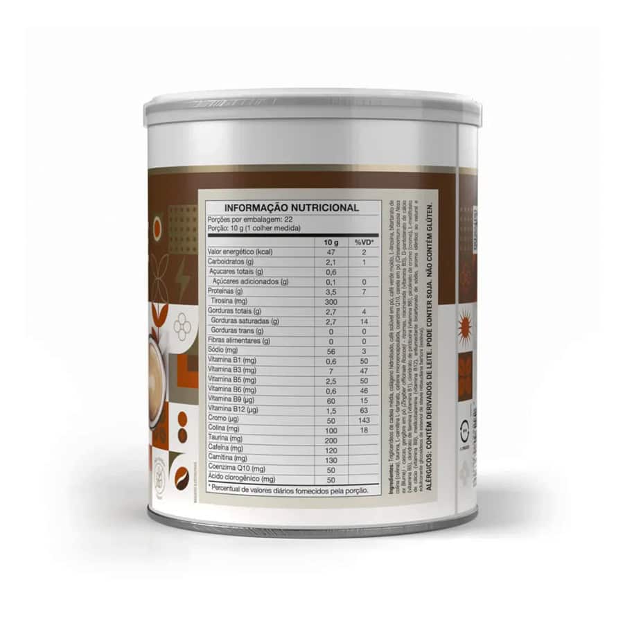 Embalagem de V-Coffee Energy Boost 220g da Vitafor, café funcional em pó com cafeína, TCM e taurina para energia e foco mental.