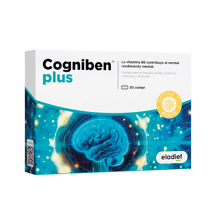 Frasco do Cogniben Plus com 30 comprimidos da Eladiet, suplemento para suporte à memória e desempenho cognitivo.
