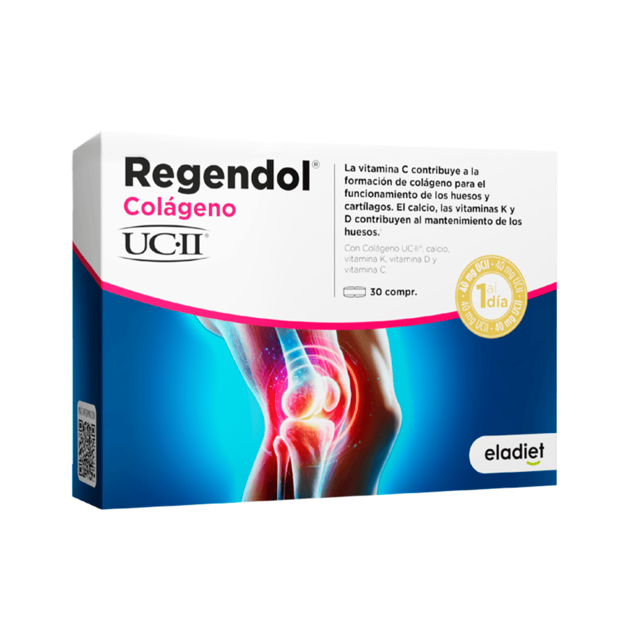 Frasco do RegenDol Colágeno UC-II com 30 comprimidos da Eladiet, suporte avançado para articulações saudáveis.