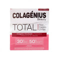 Caja de suplementos Colagénius Beauty Total con 30 sobres, colágeno, ácido hialurónico y vitaminas para una piel, cabello y uñas saludables.