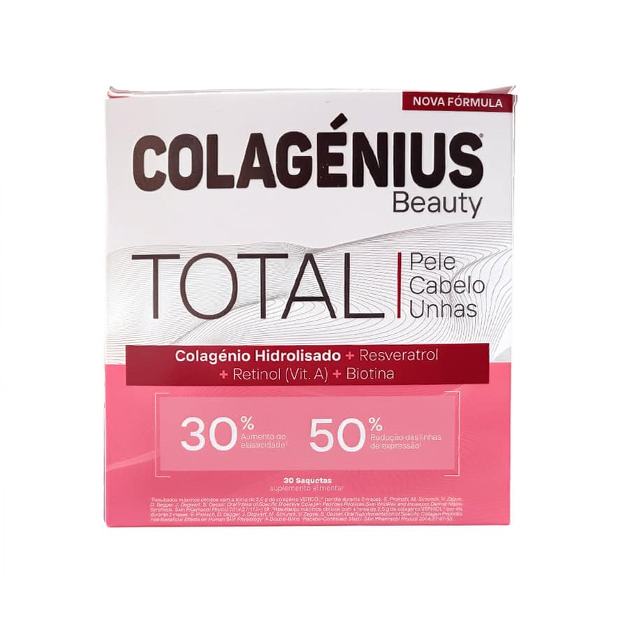 Caixa de suplemento Colagénius Beauty Total com 30 saquetas, colagénio, ácido hialurónico e vitaminas para pele, cabelo e unhas saudáveis.