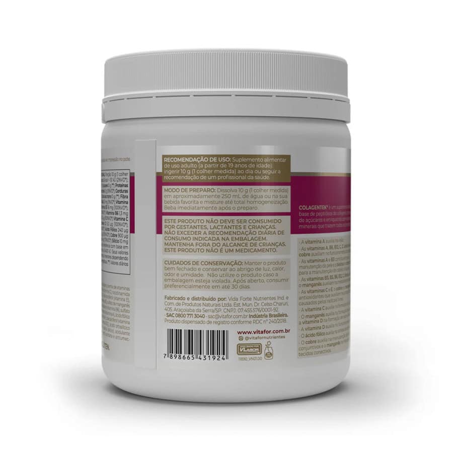 Embalagem de Colagentek sabor neutro 300g da Vitafor, suplemento de colagénio hidrolisado com vitaminas e minerais para pele, articulações e cabelos saudáveis.