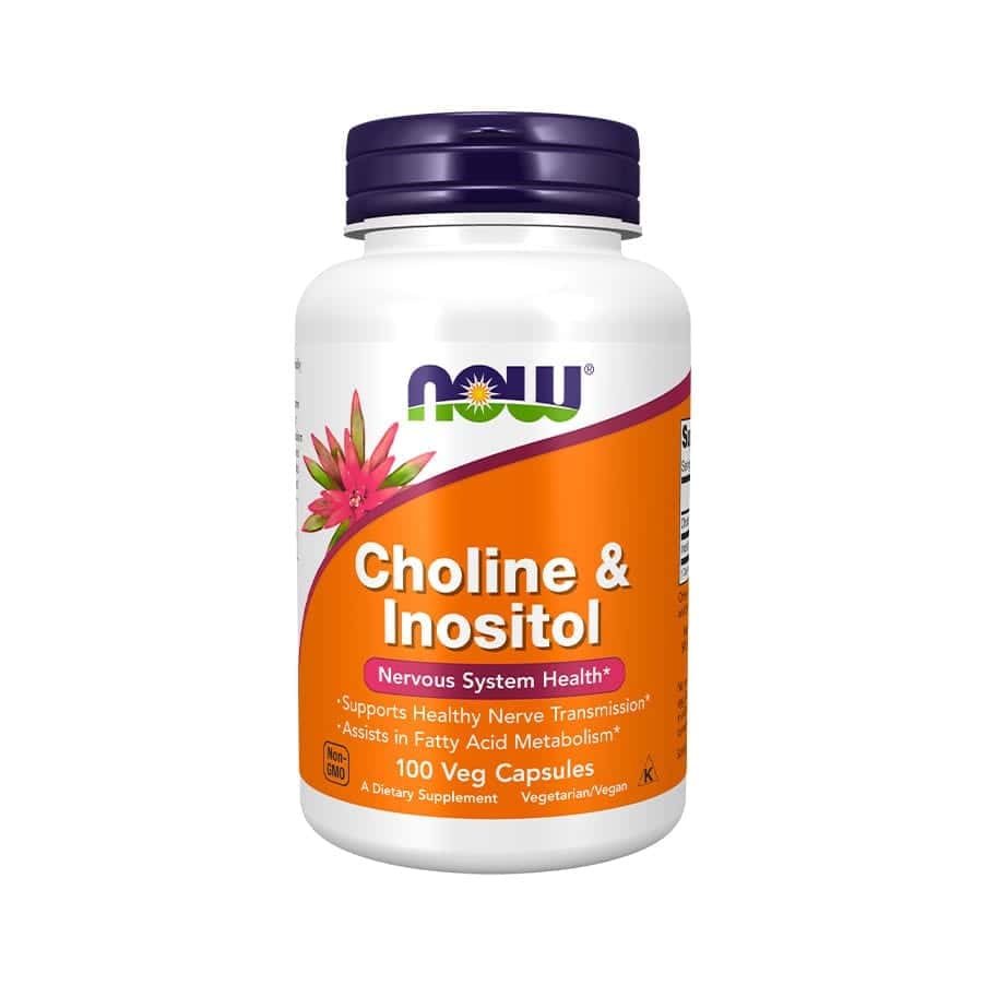 Frasco do suplemento Colina e Inositol 100 cápsulas da marca Now, indicado para a saúde do sistema nervoso.