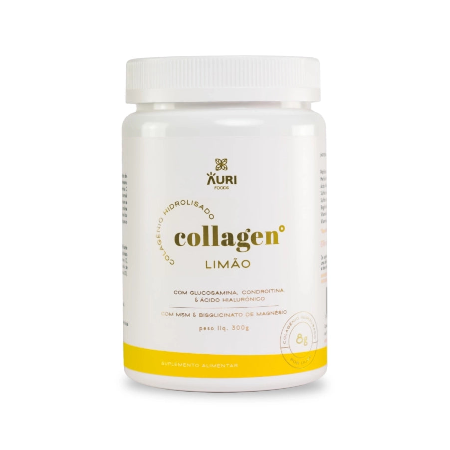 Collagen Limão Auri Foods, suplemento alimentar em pó com colagénio hidrolisado e sabor a limão, em embalagem de 300 g.