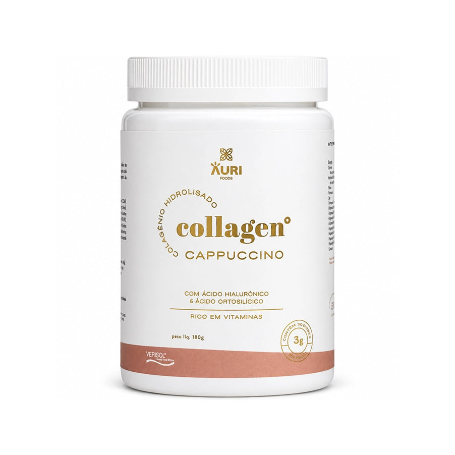 Collagen Verisol Cappuccino Auri Foods, suplemento alimentar em pó com sabor a cappuccino, em embalagem de 180 g.