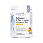 Suplemento de colagénio e eletrólitos sabor ananás e manga da Osavi em embalagem de 380 g, em pó solúvel para preparar bebida de hidratação e recuperação.