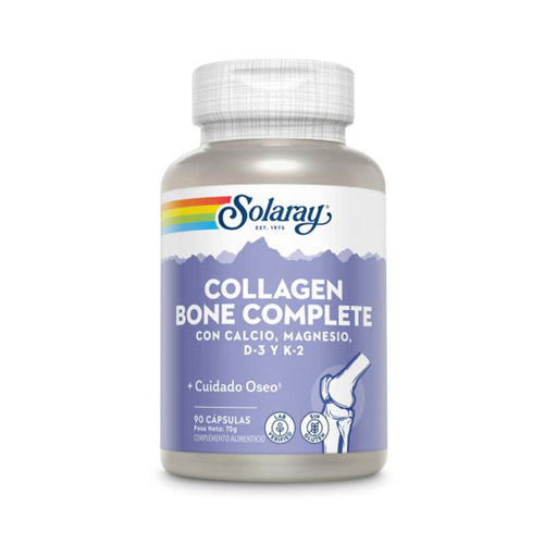 Suplemento Solaray Complete Bone Collagen en frasco de 90 cápsulas, una fórmula con colágeno, minerales y vitamina D3 para huesos fuertes y articulaciones sanas.