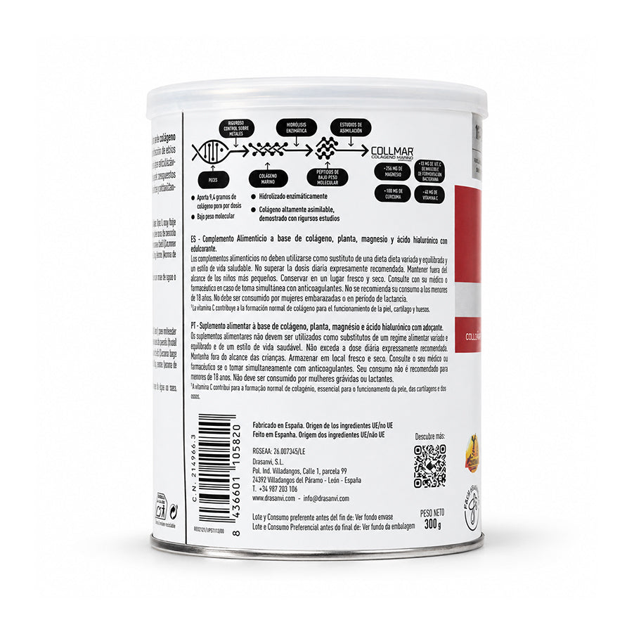 Collmar Magnesio + Cúrcuma Vainilla 300g Drasanvi, suplemento en polvo con colágeno marino, magnesio, vitamina C, cúrcuma y ácido hialurónico.