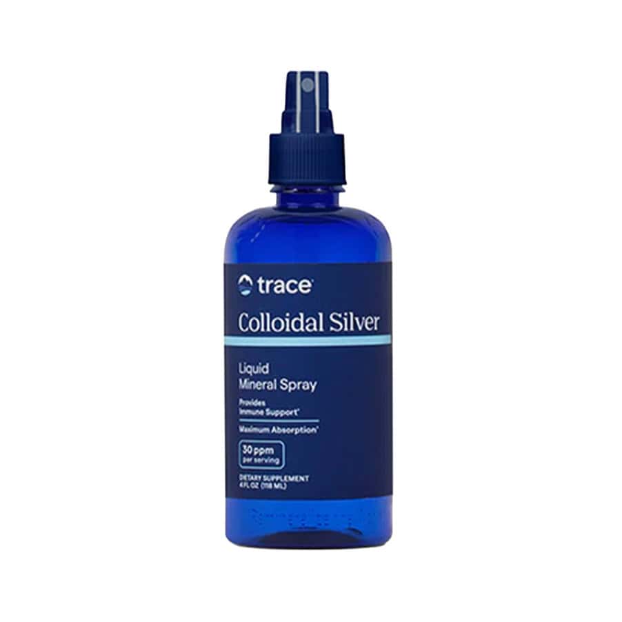Colloidal Silver Spray 118ml Trace Minerals em frasco spray com solução de prata coloidal.
