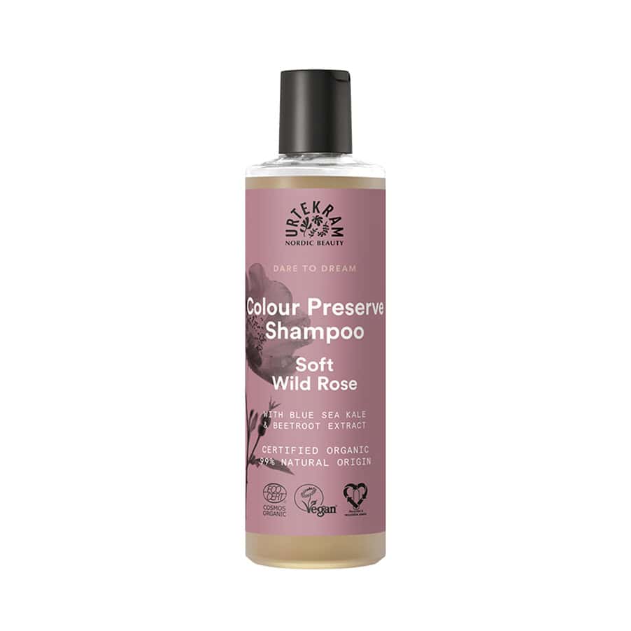 Shampoo de Rosa Selvagem para cabelo pintado 250ml da Urtekram em frasco verde.