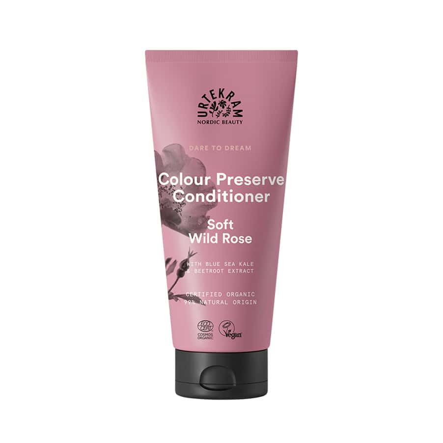 Condicionador de Rosa Selvagem para cabelo pintado 180ml da Urtekram em embalagem verde.
