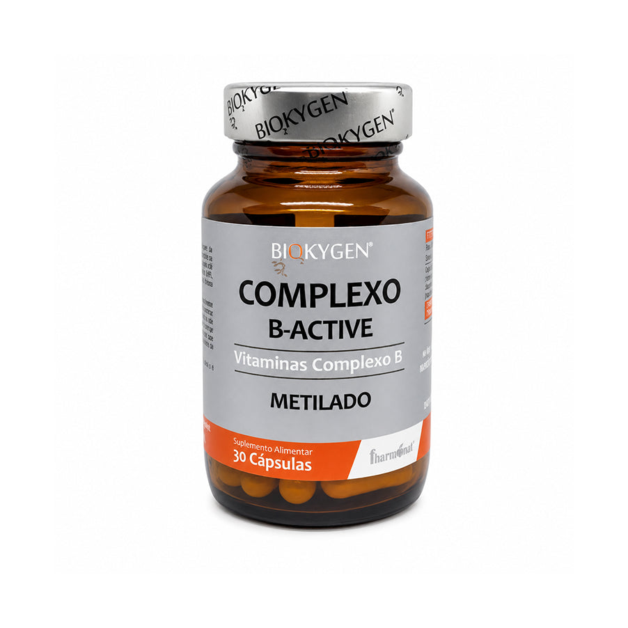 Complexo B-Active 30 Cápsulas Biokygen, suplemento com vitaminas do complexo B em formas ativas e metiladas para energia e sistema nervoso.