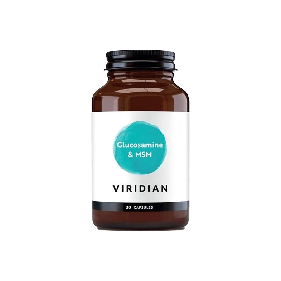 Complexo de Glucosamina e MSM 30 Cápsulas Viridian, suplemento vegan com glucosamina e metilsulfonilmetano para apoio ao bem-estar articular.