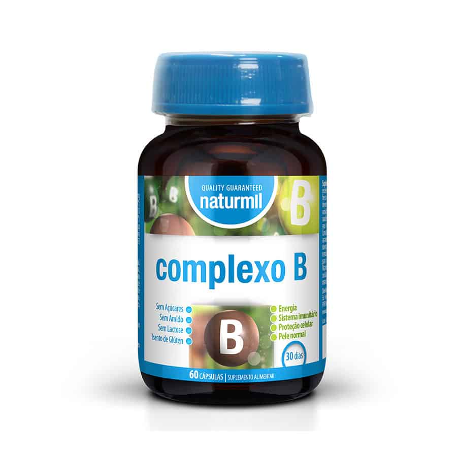 Complexo B Naturmil em frasco com 60 cápsulas, suplemento de vitaminas do complexo B para energia, metabolismo e sistema nervoso.