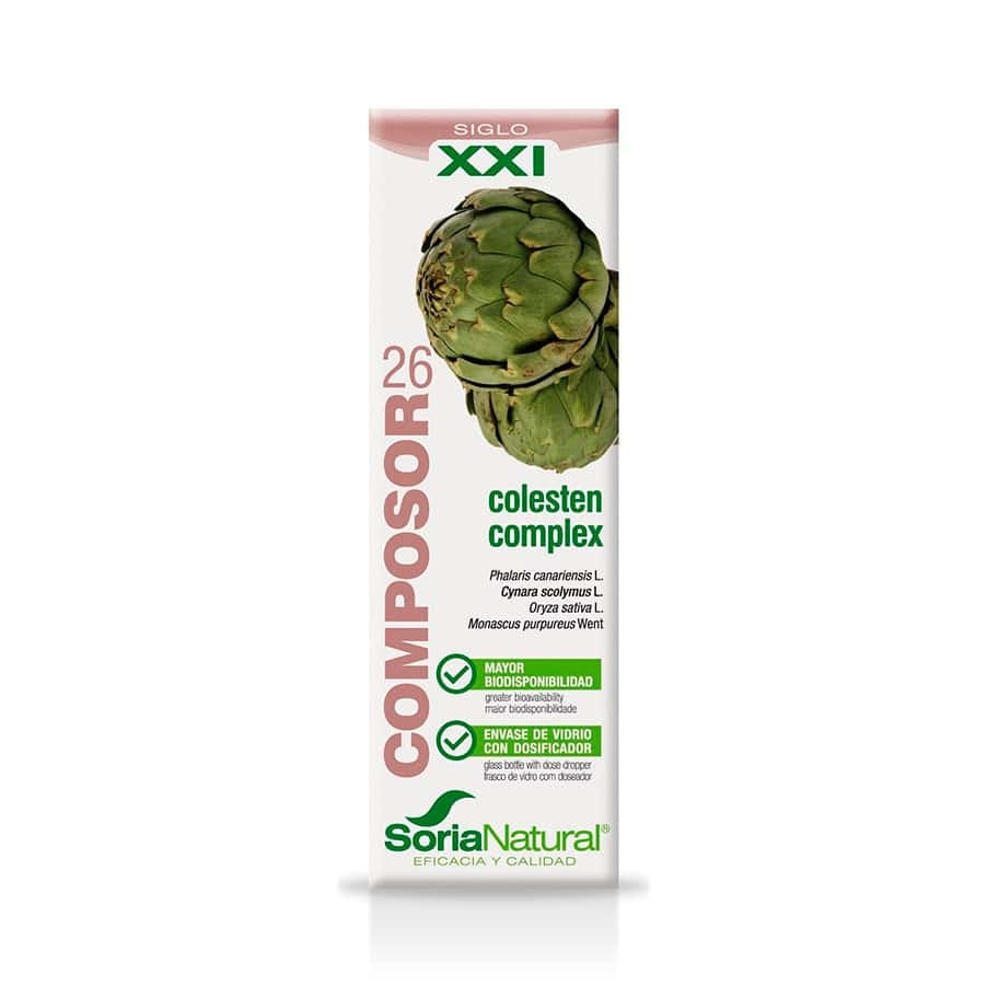 Frasco do Composor 26 Colesten Complex 50ml da Soria Natural, suplemento natural para equilíbrio do colesterol.
