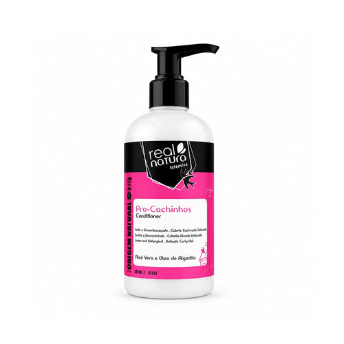 Acondicionador sin sal Real Natura Pro-Cachinhos 300 ml, acondicionador infantil con aceite de semilla de algodón y glicerina para cabello rizado.