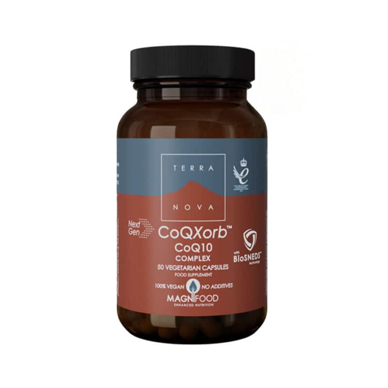 CoQXorb CoQ10 Complex 50 Cápsulas Terra Nova em frasco com complexo Magnifood.