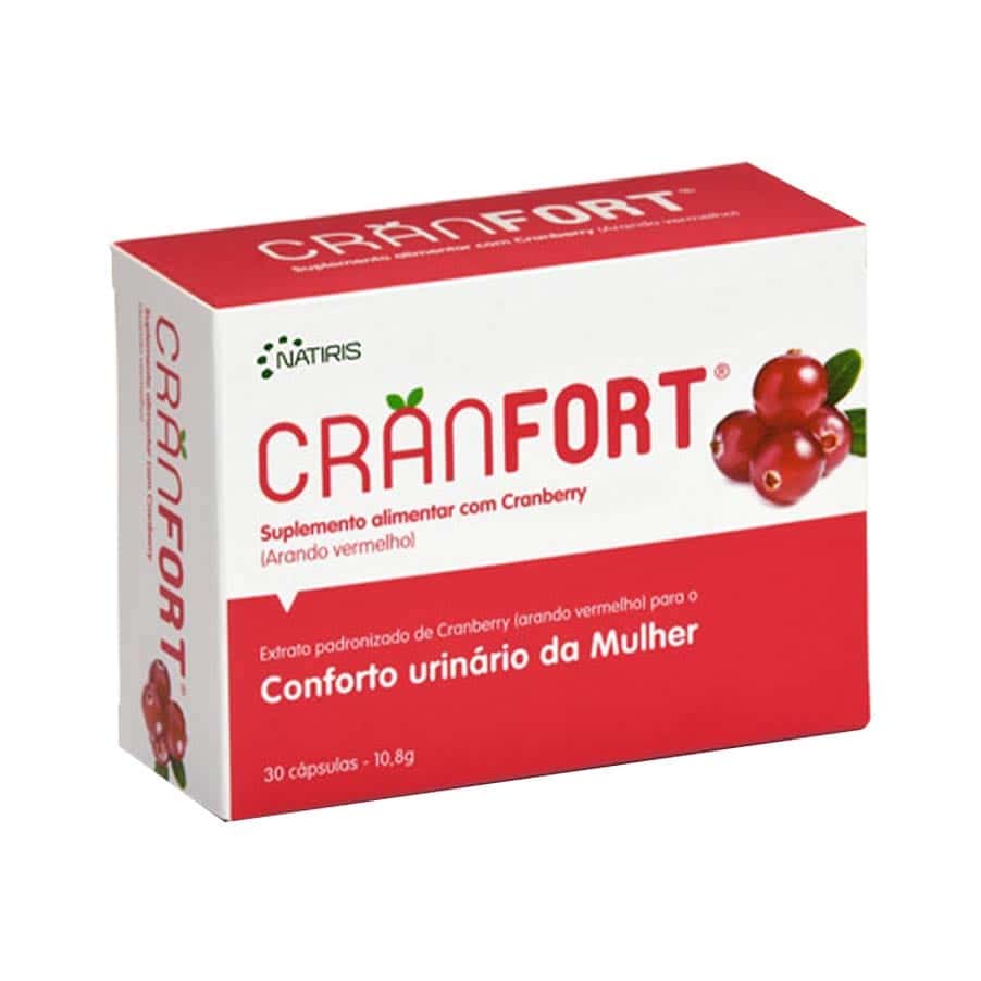 Suplemento alimentar Cranfort 30 cápsulas Natiris com extrato de cranberry para o conforto urinário feminino.