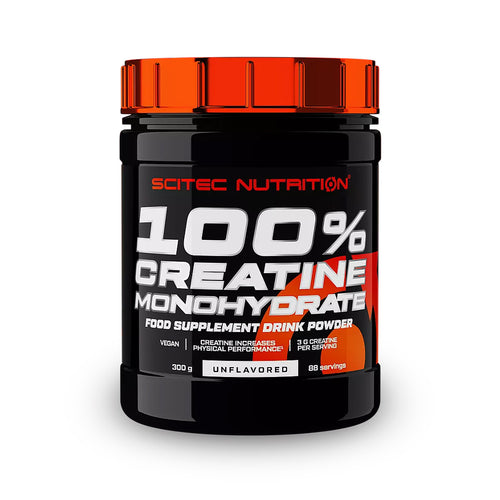 A 100% Creatina Monohidratada 300gr Scitec Nutrition é um suplemento alimentar em pó à base de creatina monohidratada, sem sabor.
