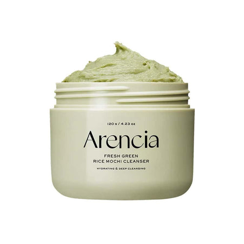 El limpiador facial Fresh Green Rice Mochi de Arencia, de 120 g y en envase verde, es un gel limpiador facial con arroz verde.