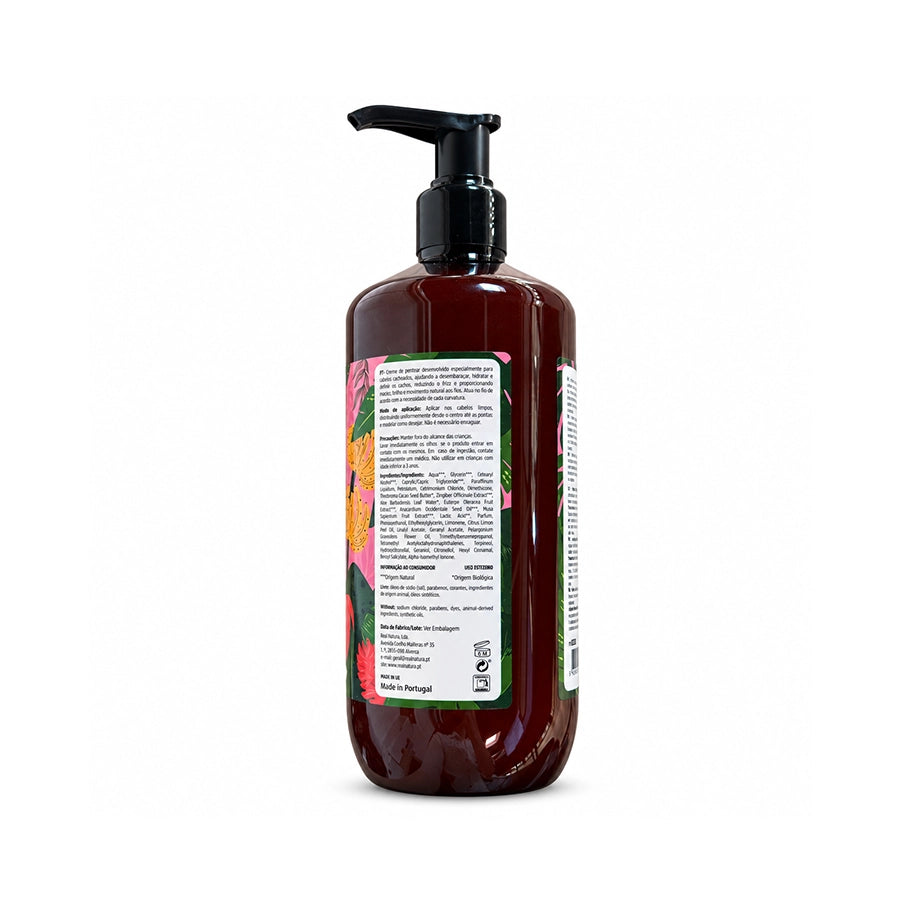 Creme de Pentear Cachos do Brasil 500 ml da Real Natura, cuidado sem enxaguamento para cabelos encaracolados e ondulados.