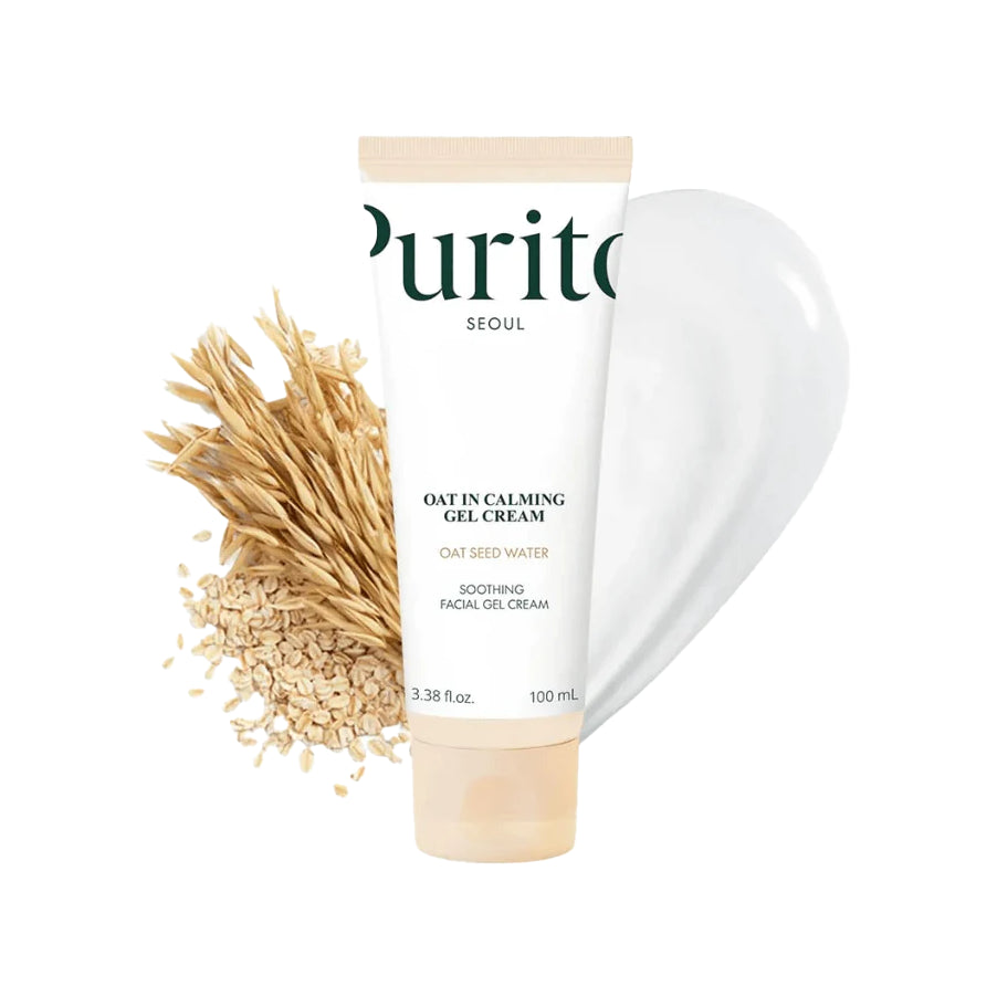 Purito Seoul Oat-In Soothing Gel Facial Cream 100ml, una crema hidratante ligera con un 77% de agua de semilla de avena, pantenol, escualano y betaglucano para pieles sensibles.
