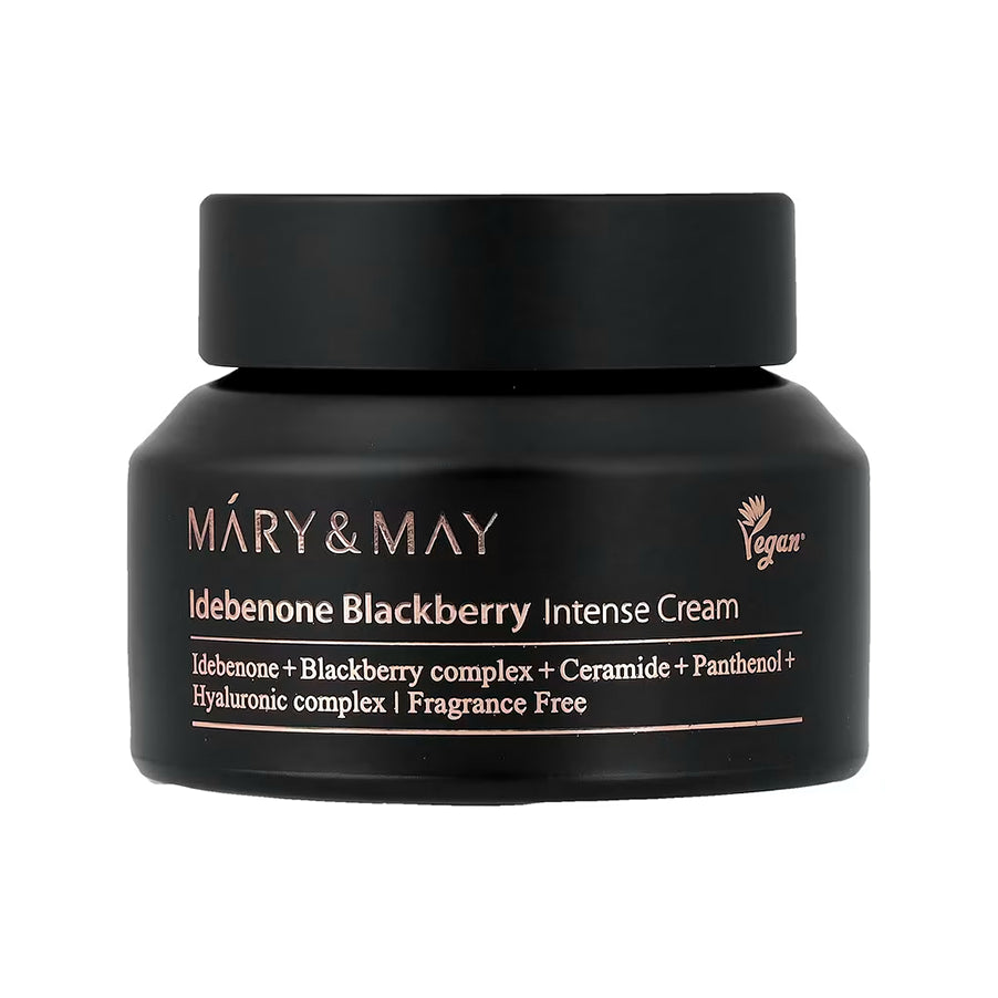 Crema facial intensiva de mora con idebenona Mary & May 70 g, con un 63 % de complejo de mora, idebenona, ceramidas y pantenol para hidratar y reafirmar la piel.