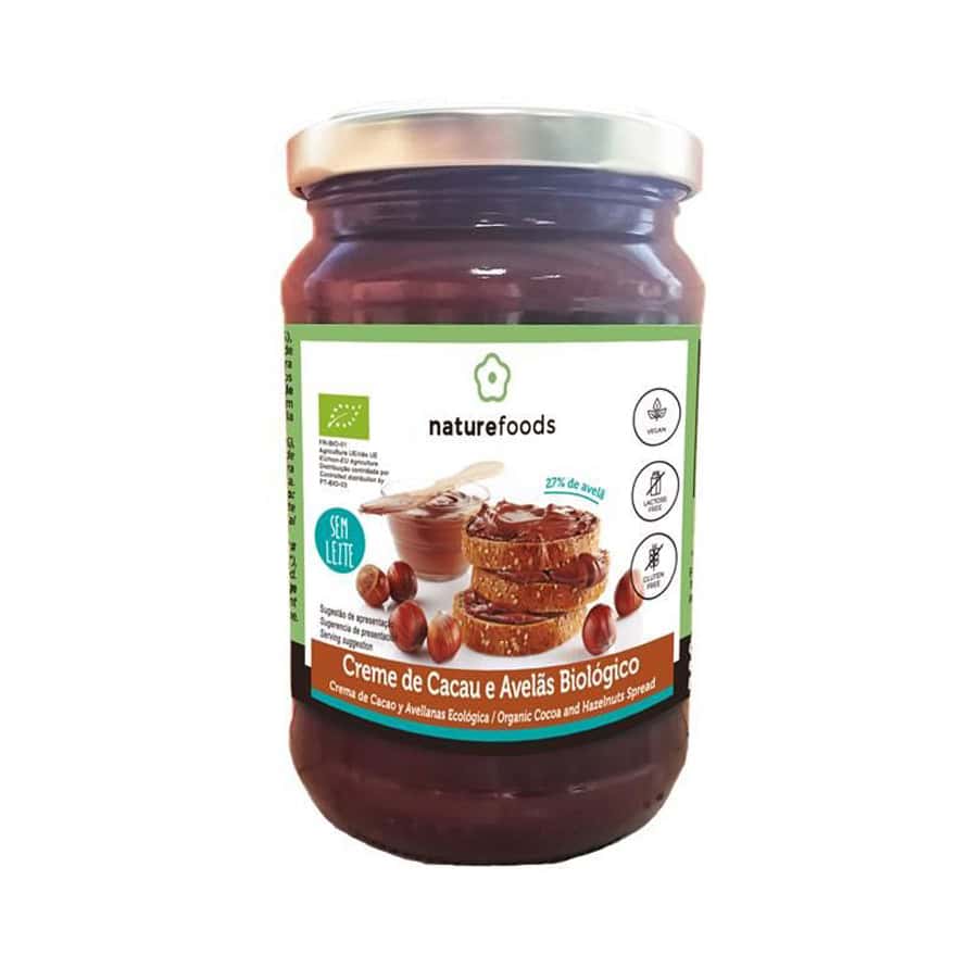 Creme de Cacau e Avelã Bio da Naturefoods em frasco de 300 gramas, creme biológico de cacau e avelãs.