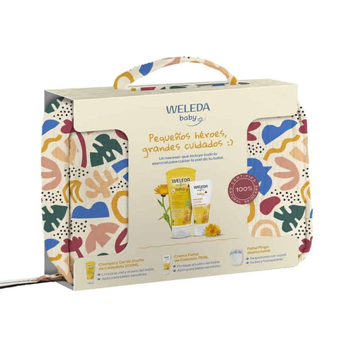 Neceser de aseo para bebé Weleda con champú suave y crema para pañales para el cuidado diario.