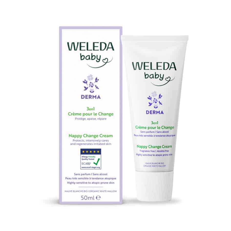 Creme Muda Fraldas Derma 3 em 1 50ml Weleda para pele sensível do bebé.
