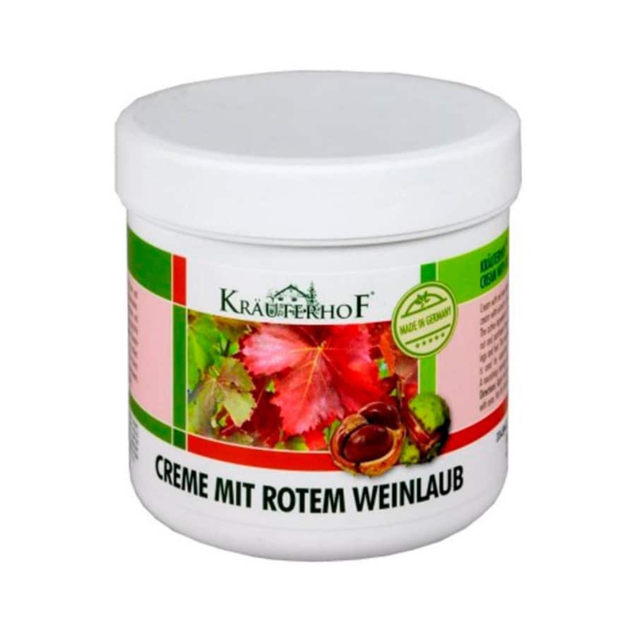 Frasco do Creme Mit Rotem Weinlaub 250ml da Kräuterhof, cuidado revitalizante com folha de videira vermelha para pernas cansadas.