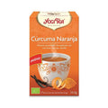 Té orgánico Yogi Tea con cúrcuma y naranja en un paquete de 17 bolsitas, una infusión dorada con sabor cítrico y especiado.