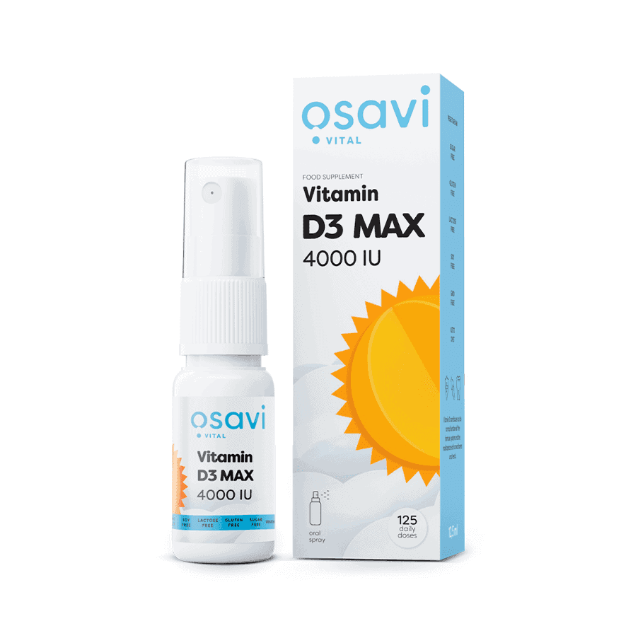 Suplemento alimentar em spray oral contendo 4000 UI de vitamina D3 natural dissolvida em óleo MCT de coco. Contribui para o normal funcionamento do sistema imunitário, manutenção de ossos e dentes saudáveis, e absorção de cálcio.