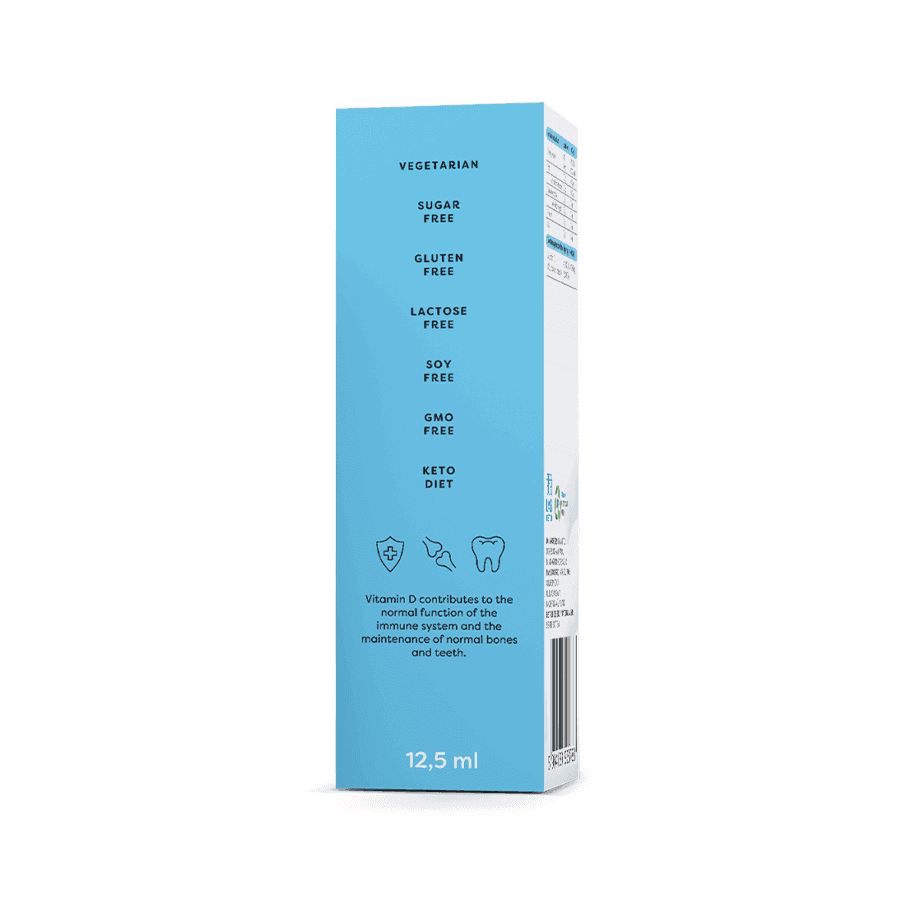 Suplemento alimentar em spray oral contendo 4000 UI de vitamina D3 natural dissolvida em óleo MCT de coco. Contribui para o normal funcionamento do sistema imunitário, manutenção de ossos e dentes saudáveis, e absorção de cálcio.