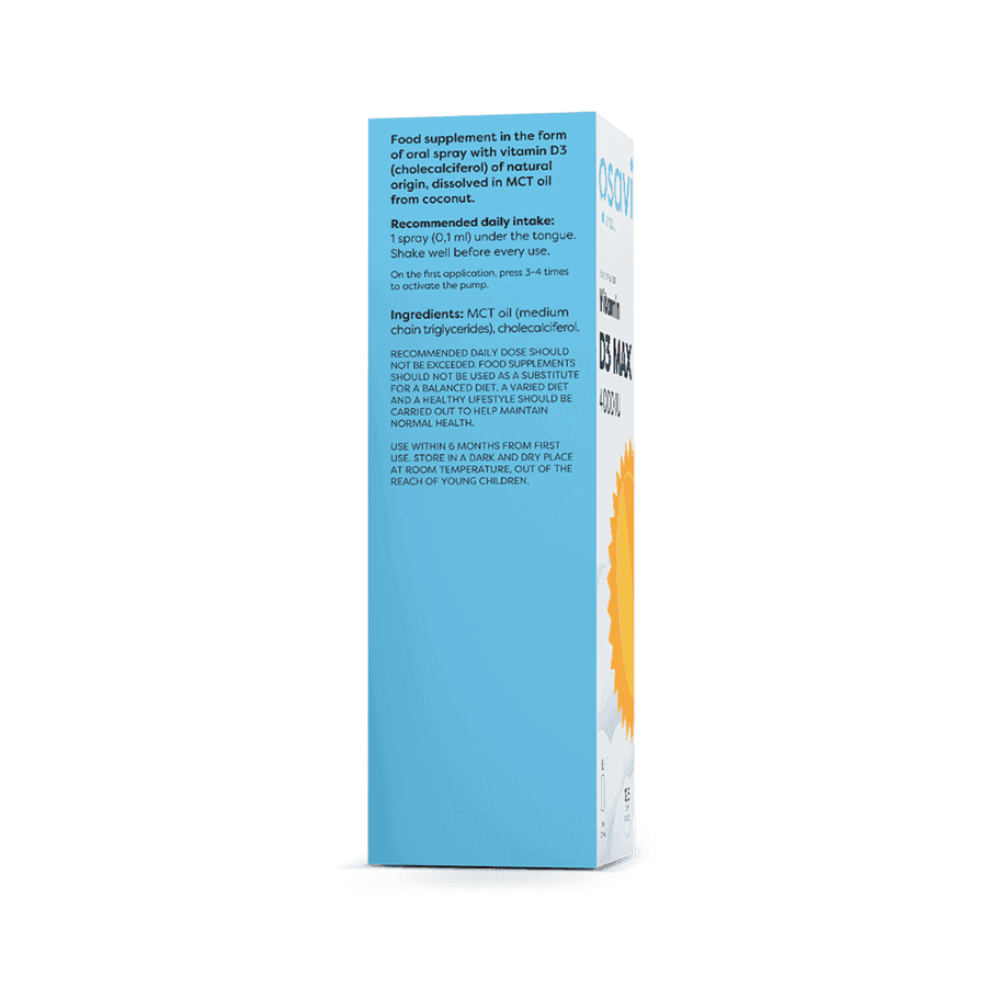 Suplemento alimentar em spray oral contendo 4000 UI de vitamina D3 natural dissolvida em óleo MCT de coco. Contribui para o normal funcionamento do sistema imunitário, manutenção de ossos e dentes saudáveis, e absorção de cálcio.
