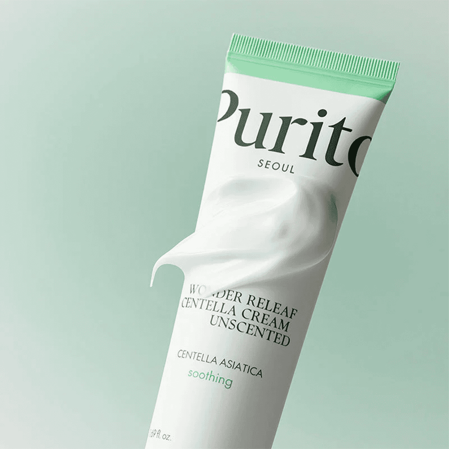 Frasco do Creme Facial Wonder Releaf Centella Sem Perfume 50ml da Purito Seoul, hidratante calmante para peles sensíveis.