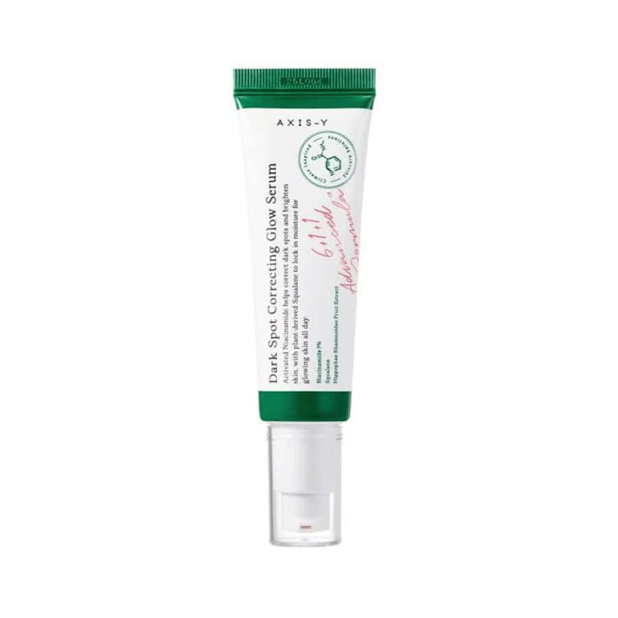 Sérum Dark Spot Correcting Glow 50ml da Axis-Y em frasco pump, formulado para ajudar a uniformizar manchas e iluminar a pele.