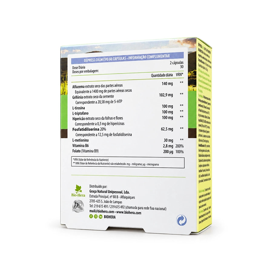Depress Calm BioHera, suplemento alimentar com vitamina B6, em embalagem de 60 cápsulas.