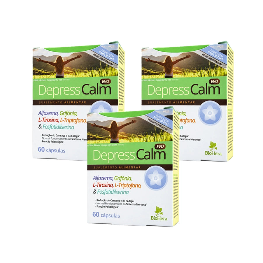 Depress Calm BioHera, pack de três embalagens de 60 cápsulas, num total de 180 cápsulas.