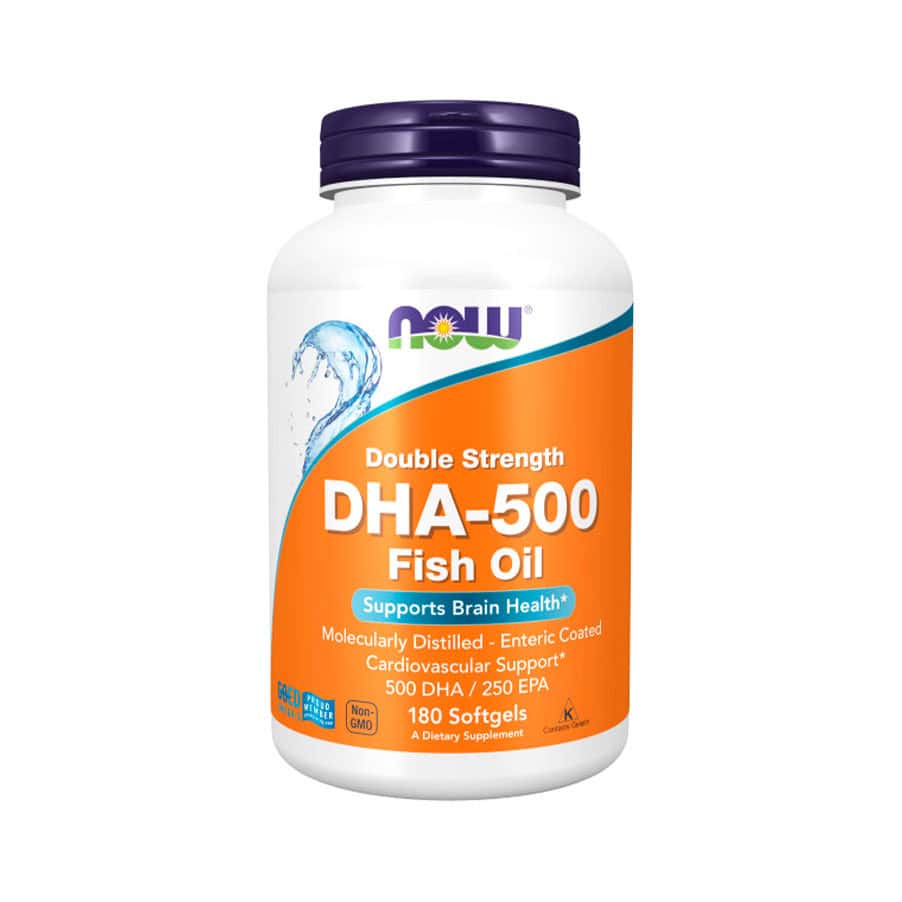 Frasco de DHA-500 de alta potencia con 180 cápsulas de Now, un suplemento concentrado de omega-3 para la salud cerebral y cardiovascular.