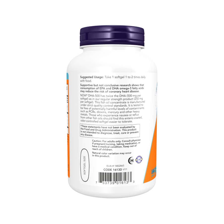 Frasco de DHA-500 de alta potencia con 180 cápsulas de Now, un suplemento concentrado de omega-3 para la salud cerebral y cardiovascular.