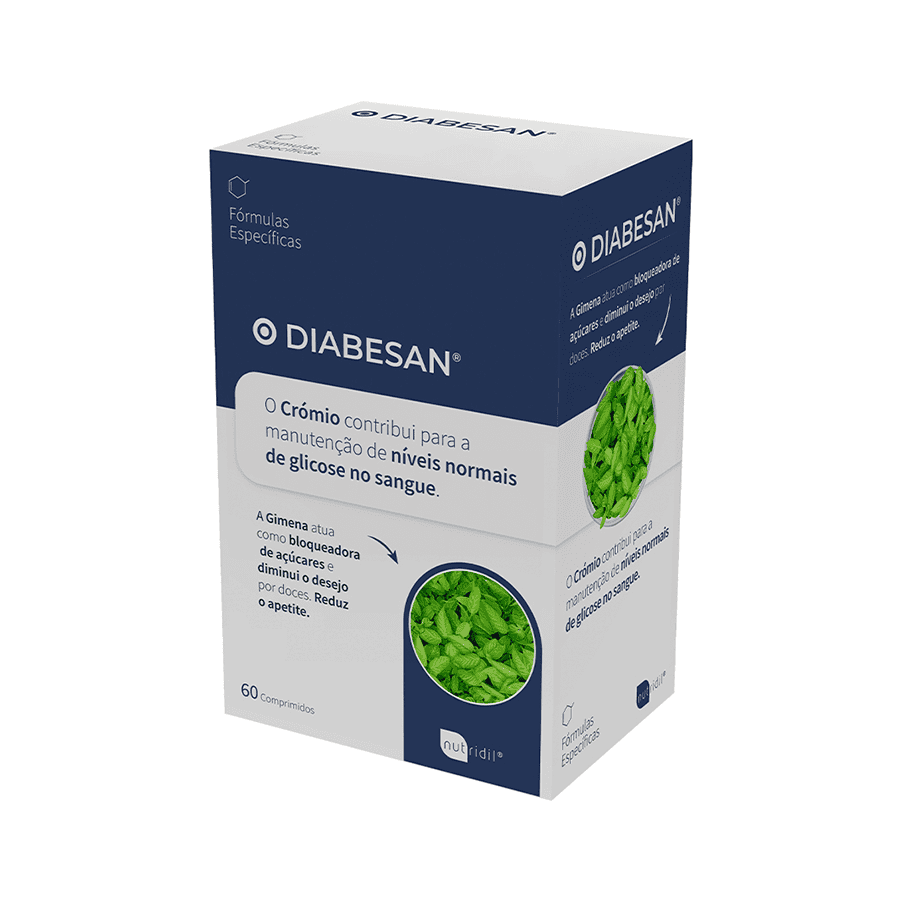 Frasco do Diabesan com 60 comprimidos da Nutridil, suporte para o equilíbrio dos níveis de açúcar no sangue e metabolismo saudável.