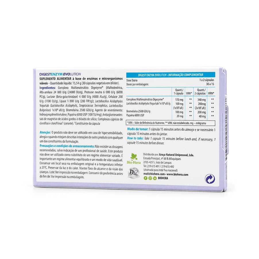 Digest Enzym Evolution BioHera, suplemento alimentar com enzimas digestivas, em embalagem de 30 cápsulas.