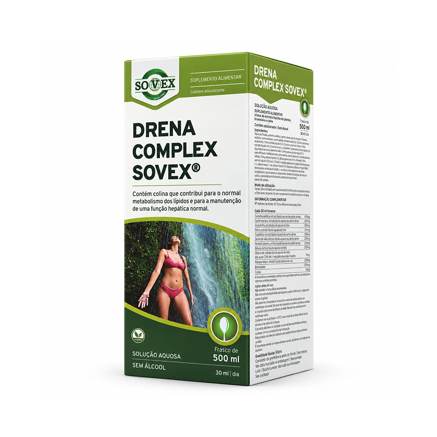 Drena Complex Sovex, suplemento alimentar líquido à base de plantas, bromelaína e colina, em embalagem de 500 ml.