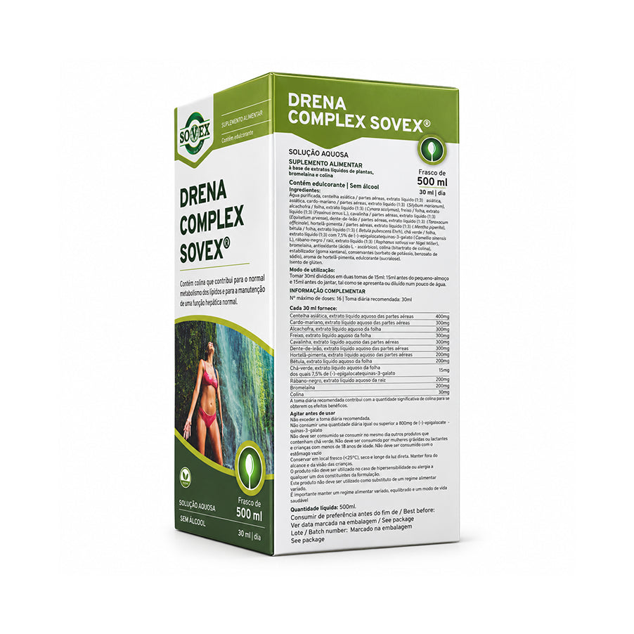 Drena Complex Sovex, suplemento alimentar líquido à base de plantas, bromelaína e colina, em embalagem de 500 ml.