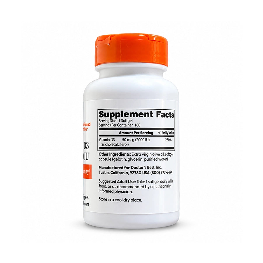 Vitamina D3 2000 UI 180 cápsulas da Doctor's Best, suplemento alimentar com vitamina D3 para complementar a ingestão diária.