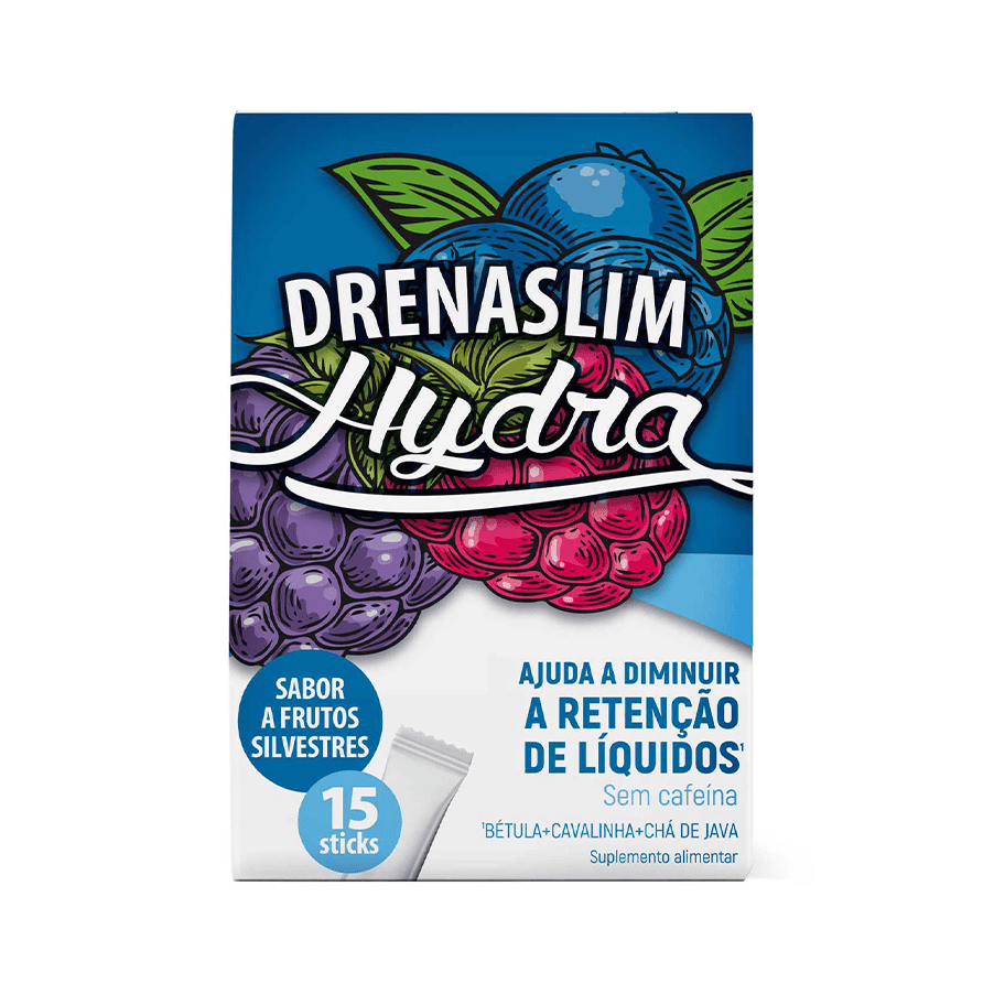Suplemento Drenaslim Hydra, 15 sobres líquidos, formulado para el drenaje corporal y la eliminación de líquidos.