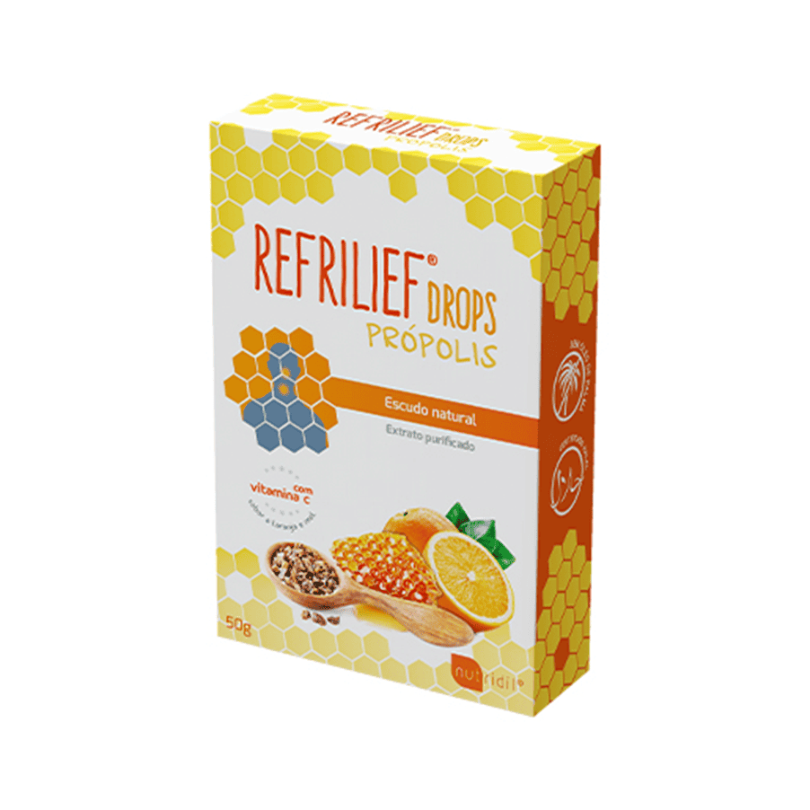 Embalagem do Refrilief Drops Própolis com Vitamina C 50g da Nutridil, suporte natural para imunidade e alívio da garganta